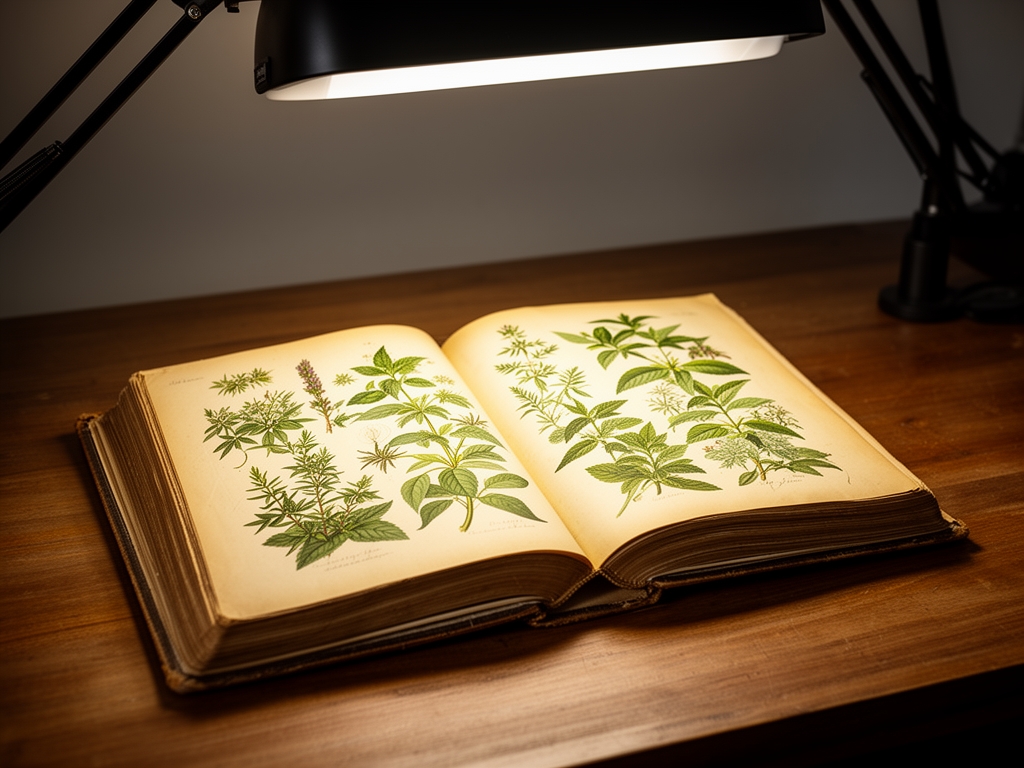 Libro antiguo abierto sobre escritorio de madera con luz de lámpara de trabajo, páginas amarillentas con ilustraciones botánicas detalladas de plantas medicinales