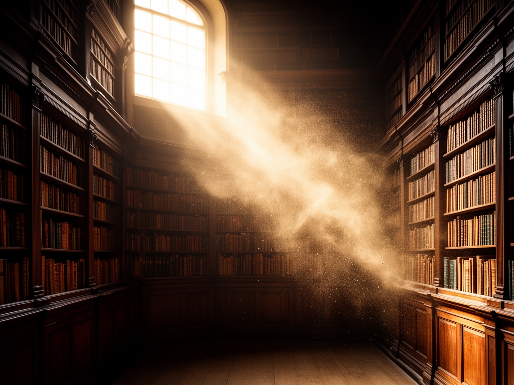 Interior de biblioteca antigua con estanterías de madera oscura llenas de libros, luz cálida de ventana alta iluminando polvo en suspensión, atmósfera académica e íntima