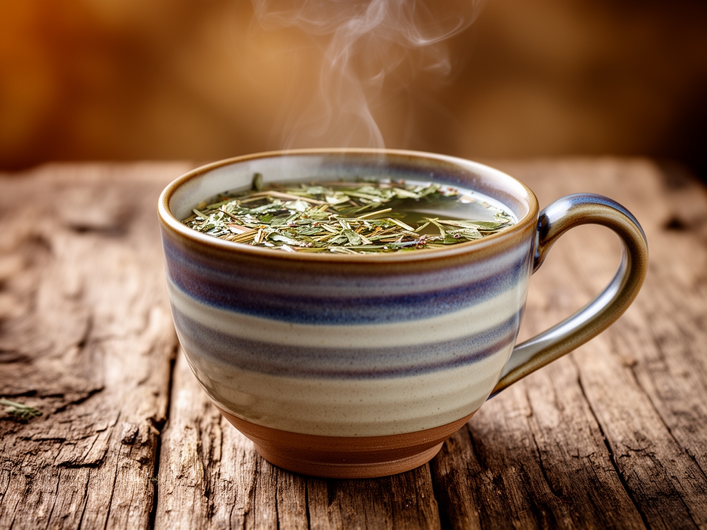 Taza de cerámica artesanal con infusión de hierbas aromáticas sobre mesa de madera rústica, vapor visible sobre la bebida, fondo desenfocado cálido