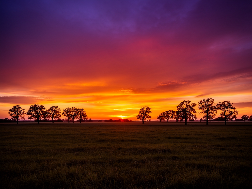 Puesta de sol sobre campo abierto con siluetas de árboles en el horizonte, cielo con tonos anaranjados, rojos y púrpuras, atmósfera tranquila y contemplativa