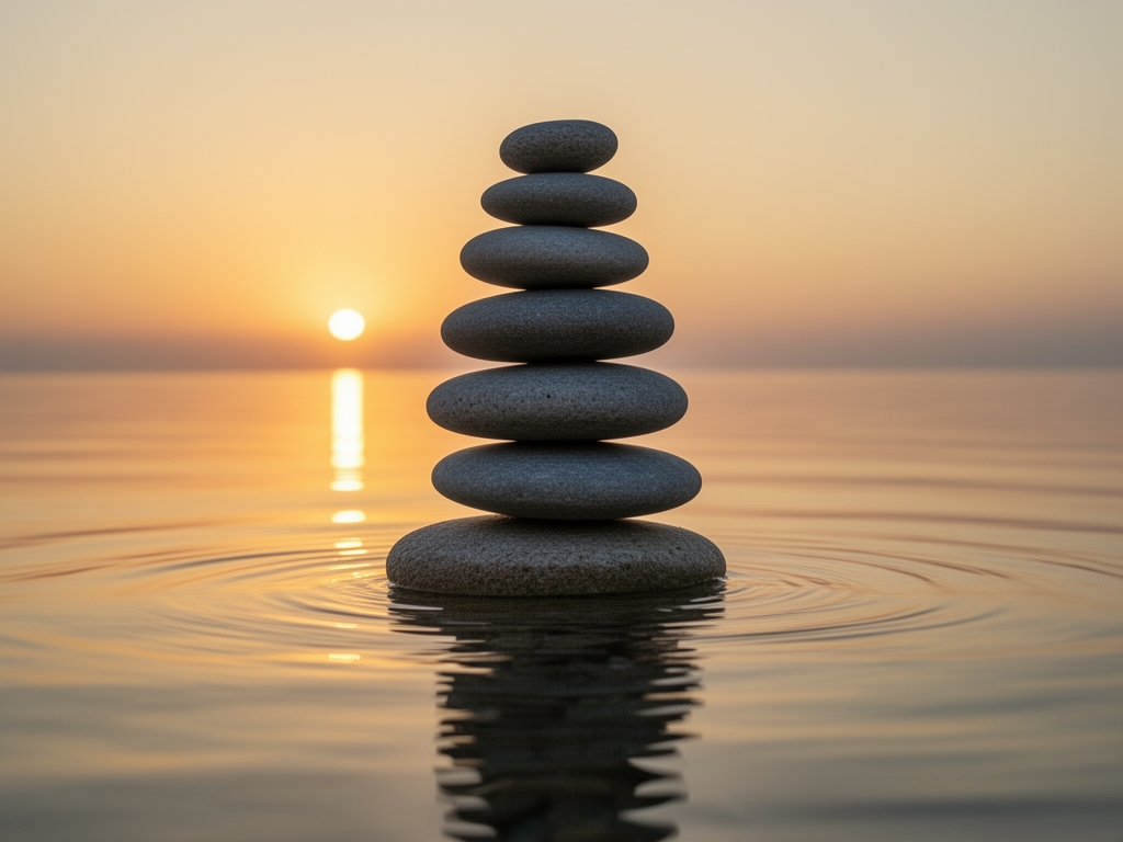 Piedras apiladas en equilibrio sobre superficie de agua tranquila al atardecer, reflejo de luz dorada en el agua, composición minimalista y meditativa