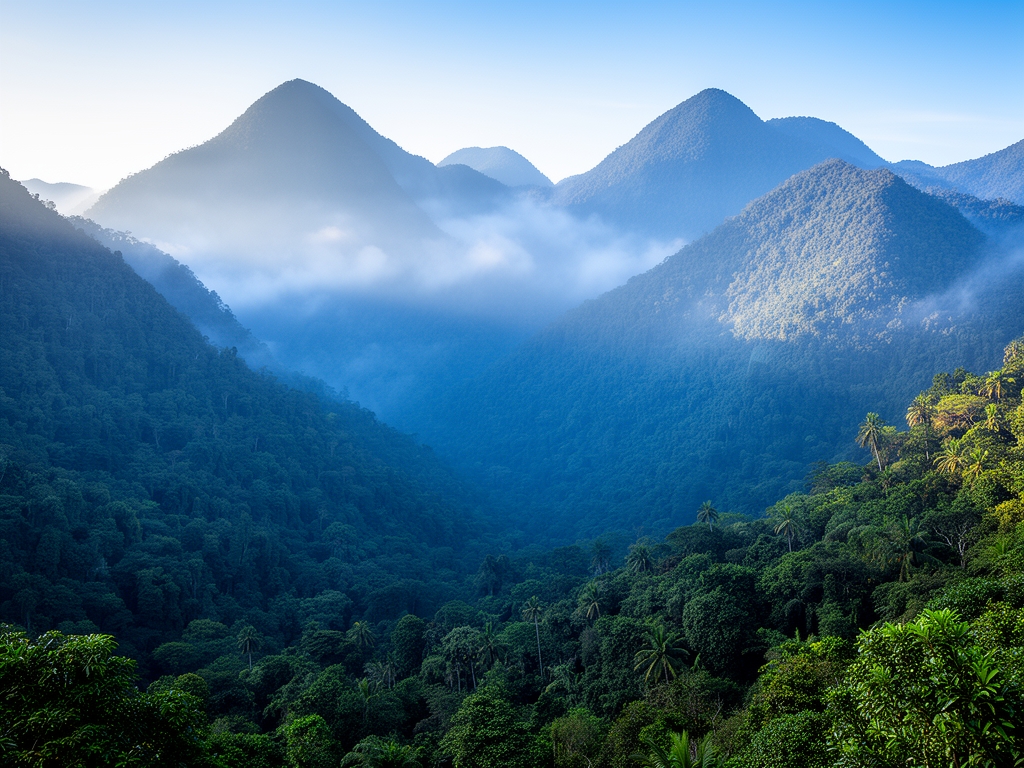Paisaje de montañas mexicanas con vegetación de selva tropical densa, niebla entre los picos, luz matutina creando capas de profundidad en tonos azulados y verdes