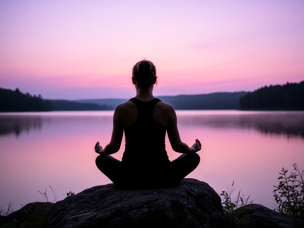 Persona sentada en posición de meditación sobre una roca en entorno natural con lago tranquilo de fondo, amanecer con tonos rosados y lavanda en el cielo, silueta en contraluz
